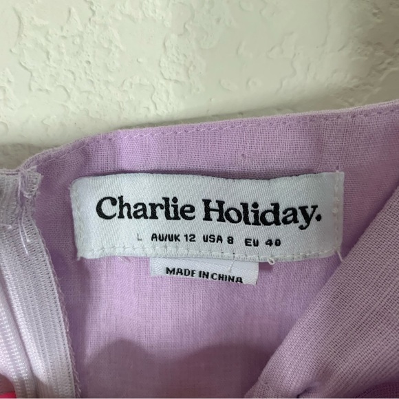 Charlie Holiday Womens purple linen cotton puff sleeve cut out midi dress 8 - Picture 7 of 10